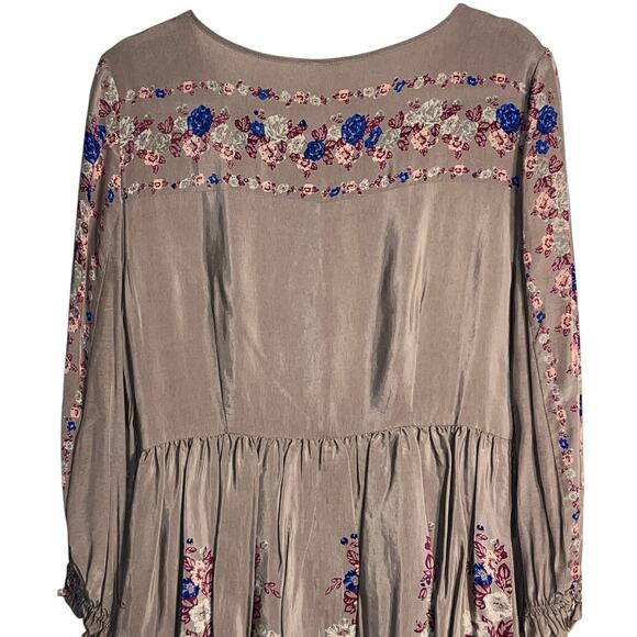 Free People Floral Babydoll Dress Taupe Long Sleeve Boho Size 10 - Picture 4 of 8